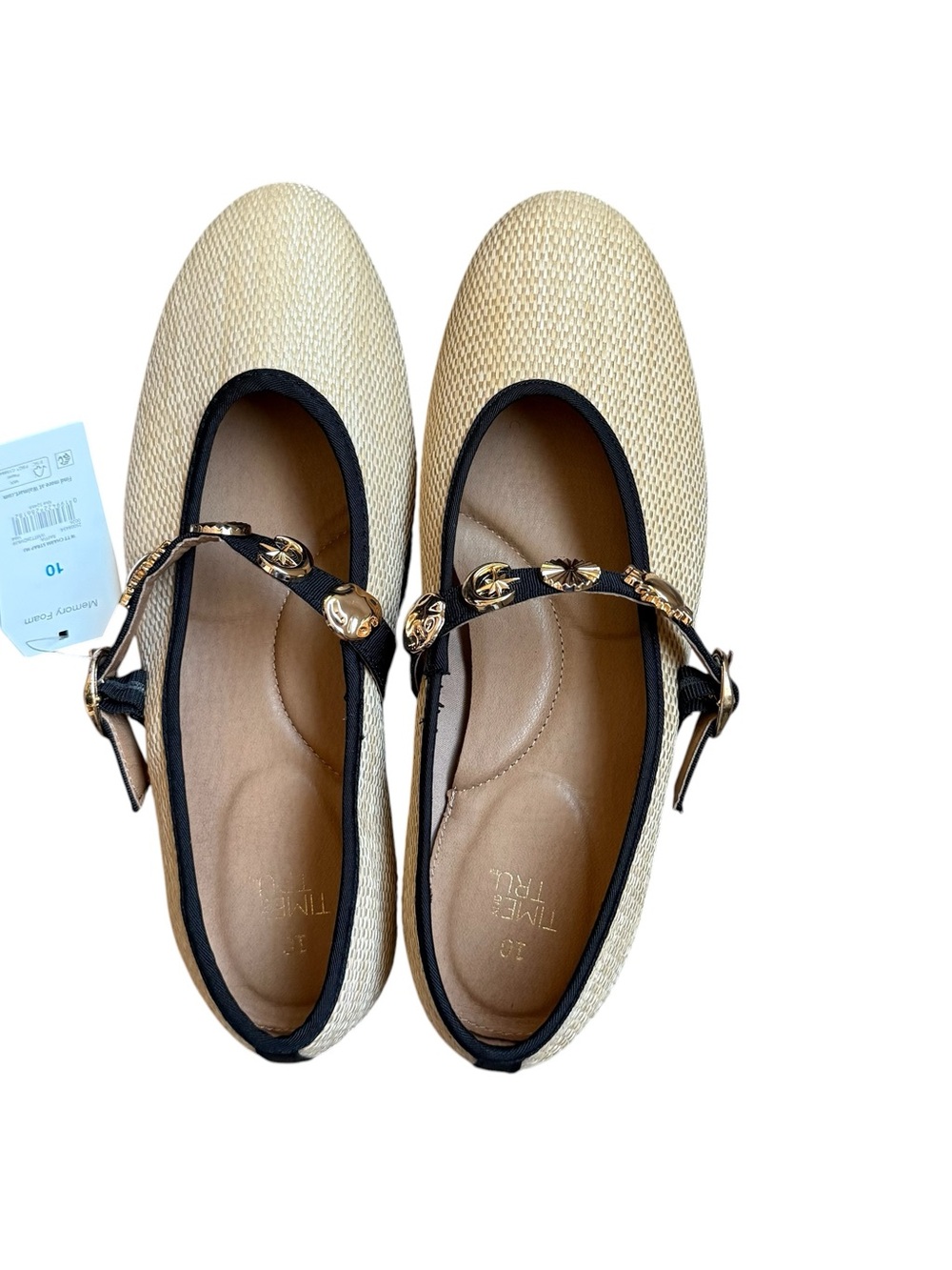 No Boundaries Beige Straw Mary Jane Flats with Black Trim and Gold Accents